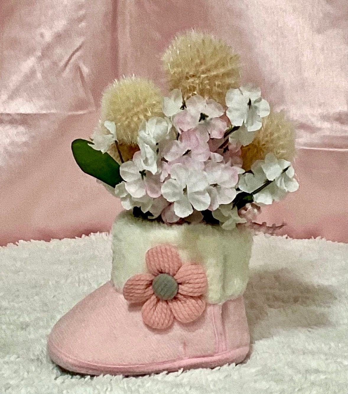 Pink Cable-Knit Baby Shower Centerpiece & Booties | Keepsake Outfit Set