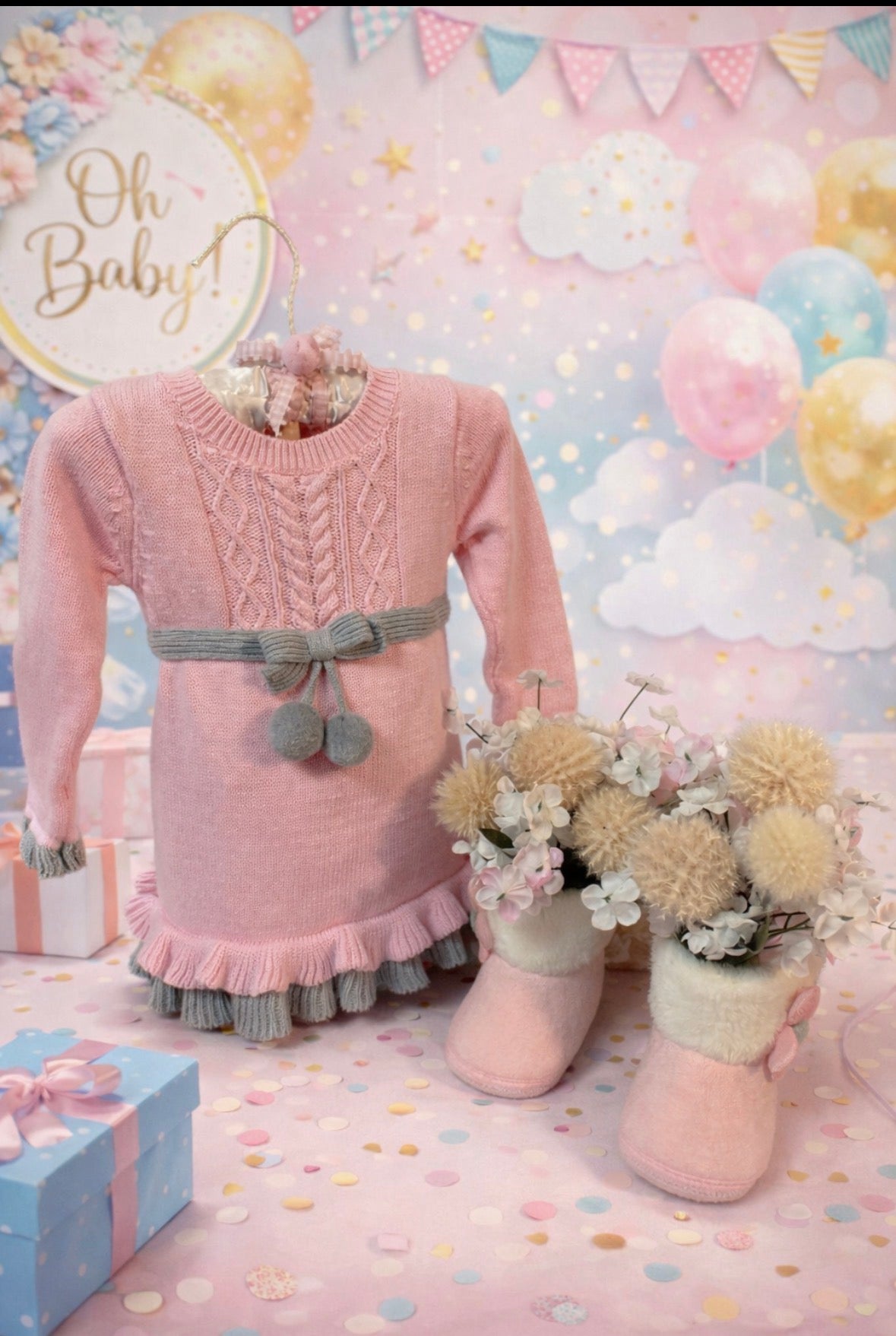 Pink Cable-Knit Baby Shower Centerpiece & Booties | Keepsake Outfit Set