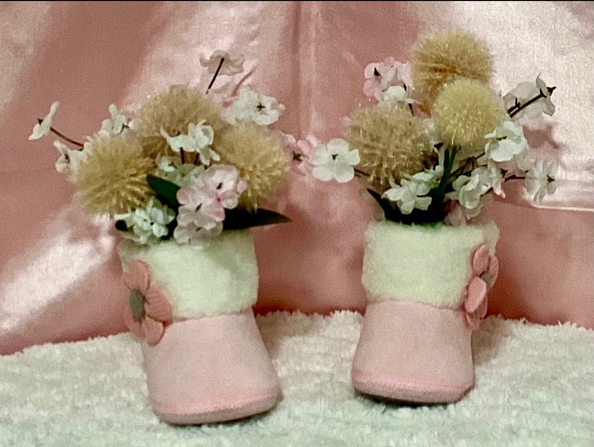 Pink Cable-Knit Baby Shower Centerpiece & Booties | Keepsake Outfit Set