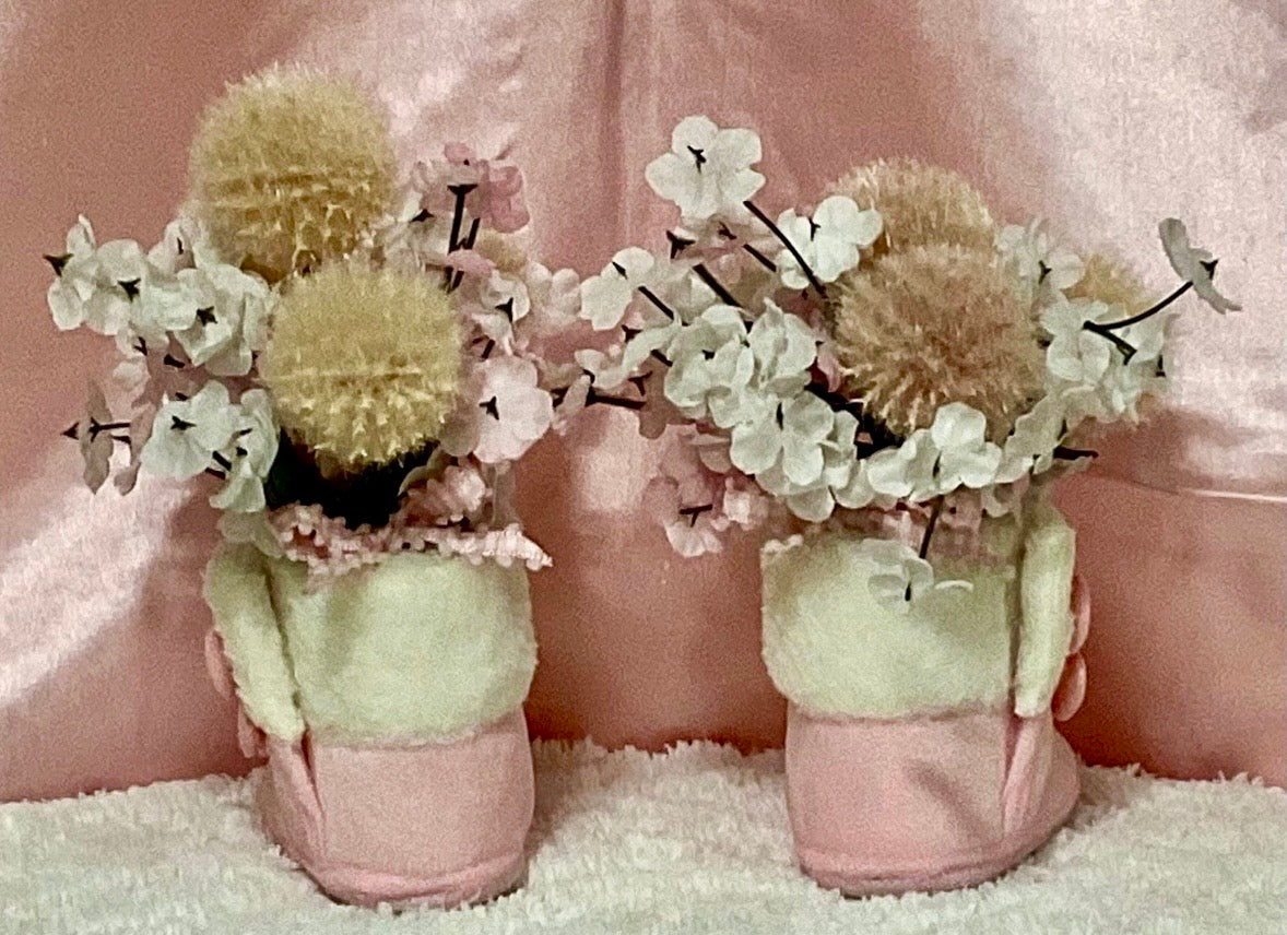 Pink Cable-Knit Baby Shower Centerpiece & Booties | Keepsake Outfit Set
