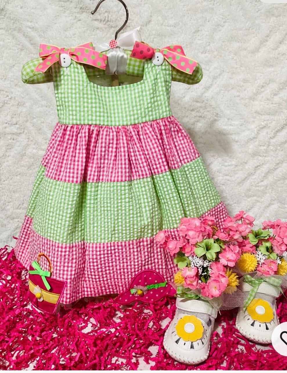Pink & Green Gingham Baby Shower Dress Centerpiece | Infant Keepsake Outfit