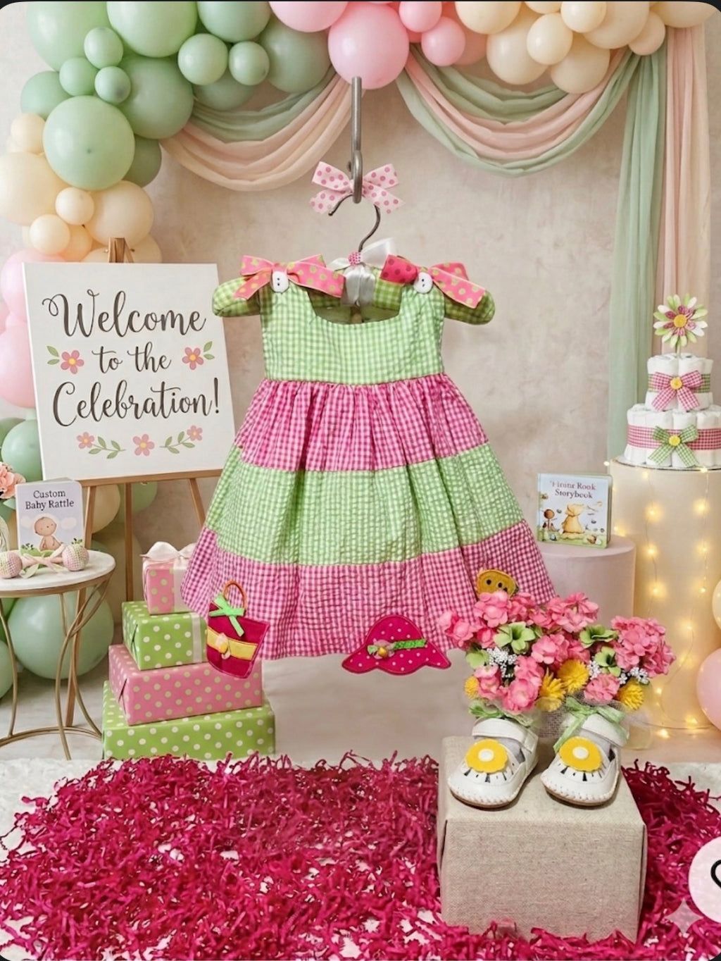 Pink & Green Gingham Baby Shower Dress Centerpiece | Infant Keepsake Outfit