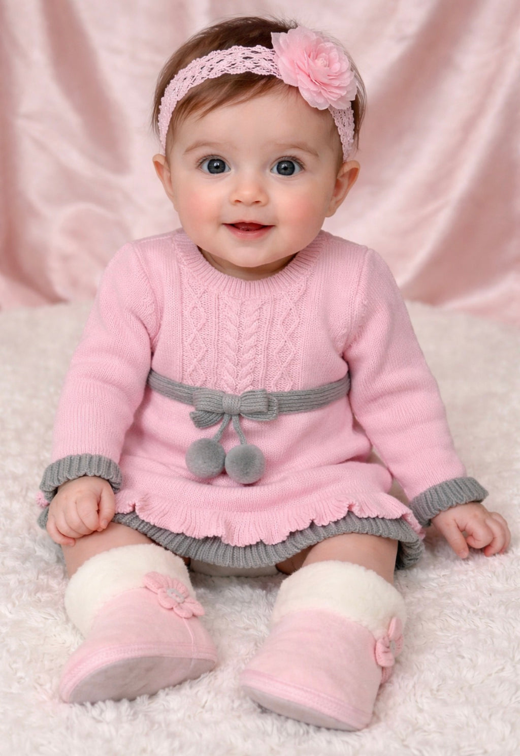 Pink Cable-Knit Baby Shower Centerpiece & Booties | Keepsake Outfit Set